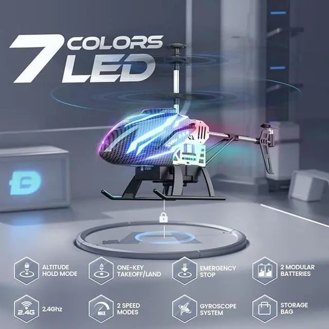Alt view image 6 of 6 - DE23 Remote Control Helicopter, RC Helicopters with 7 Colors Light, 2 Modular Battery for 24 Min Play, Altitude Hold, One Key take Off/Landing, 2.4GHz Aircraft Indoor Flying Toy for Boys Girls