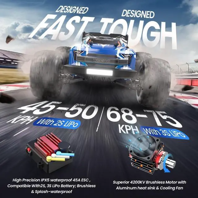 Alt view image 2 of 3 - DEERC H16E Brushless Racing RC Truck,Max 70kph,1:16 4X4 RTR Fast Hobby RC Cars for Adults & Boys,All Terrains RC Monster Truck,Off Road Electric Vehicle Gift,2 Li-po Batteries
