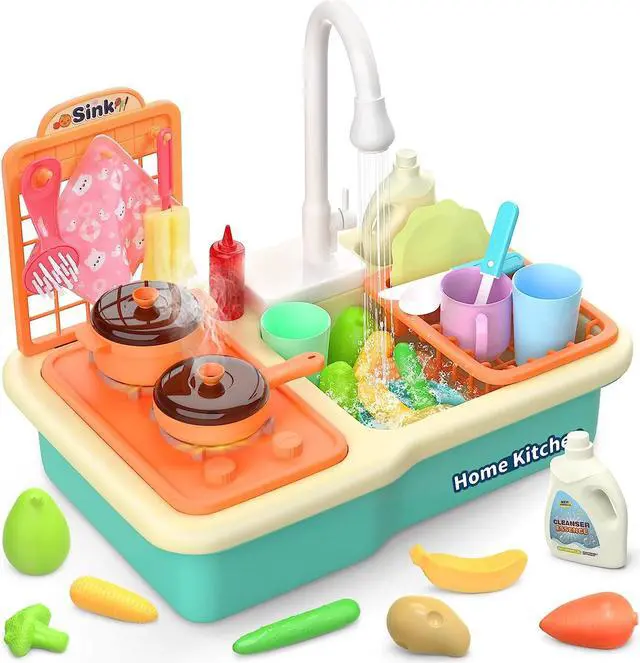 Main image of Kitchen Sink Toys with Running Water, Play Sink with Upgraded Electric Faucet, Play Cooking Stove, Pot and Pan W/Spray Realistic Light & Sound, Kids Kitchen Role Play Dishwasher Toys