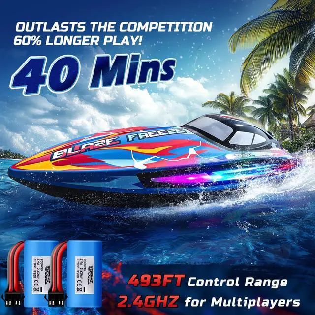 Alt view image 3 of 7 - DEERC Fast RC Boat for Pool & Lake, 20+MPH, 40+ Mins, 7 LED Light Modes, Self Righting Remote Control Racing Speed Boat for Kids, 2.4Ghz Summer Water Toy Gift