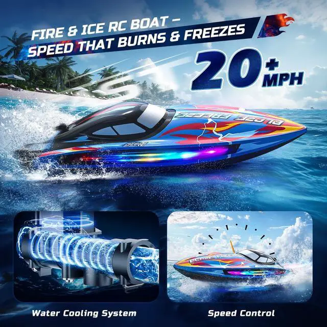 Alt view image 5 of 7 - DEERC Fast RC Boat for Pool & Lake, 20+MPH, 40+ Mins, 7 LED Light Modes, Self Righting Remote Control Racing Speed Boat for Kids, 2.4Ghz Summer Water Toy Gift