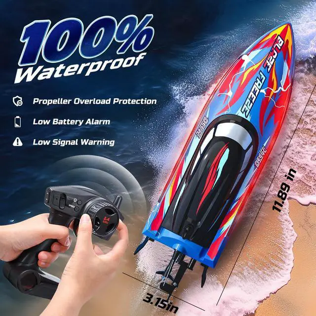 Alt view image 7 of 7 - DEERC Fast RC Boat for Pool & Lake, 20+MPH, 40+ Mins, 7 LED Light Modes, Self Righting Remote Control Racing Speed Boat for Kids, 2.4Ghz Summer Water Toy Gift