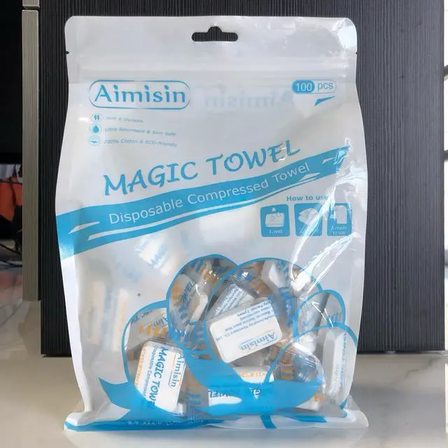 Main image of Aimisin Compressed Towels Disposable Soft Durable Towels 100% Cotton for Home Bathroom Travel Camping, 9.4''x11.8'', 1 Pack, 100 Pcs
