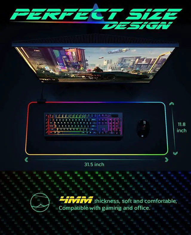 Alt view image 5 of 7 - RGB Gaming Mouse Pad, ReeGee Large Extended Soft Led Mouse Pad with 14 Lighting Modes 2 Brightness Levels, Computer Keyboard Mousepads Mat 800 x 300mm / 31.5×11.8 inches