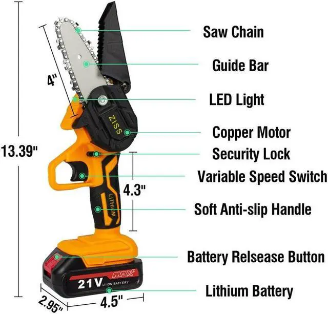 Alt view image 2 of 6 - Cordless Mini Chainsaw Electric Chain Saw 21V 4" 550W Wood Cutter Cutting Tool