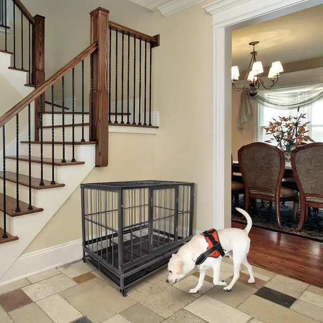 Alt view image 2 of 7 - Dog Crate Large Kennel Heavy Duty Pet Cage w/Wheels  Tray Black Portable Large