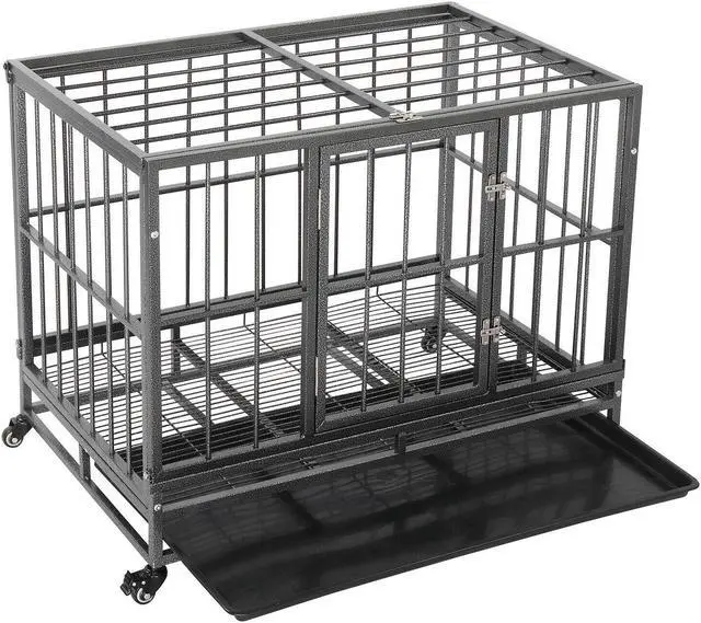 Alt view image 3 of 7 - Dog Crate Large Kennel Heavy Duty Pet Cage w/Wheels  Tray Black Portable Large