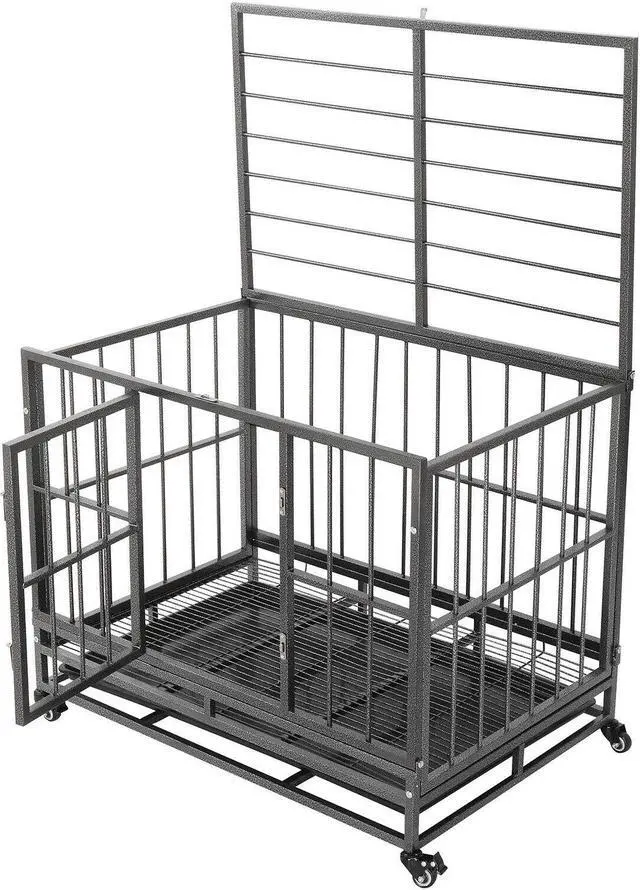 Alt view image 4 of 7 - Dog Crate Large Kennel Heavy Duty Pet Cage w/Wheels  Tray Black Portable Large