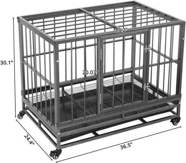 Alt view image 6 of 7 - Dog Crate Large Kennel Heavy Duty Pet Cage w/Wheels  Tray Black Portable Large