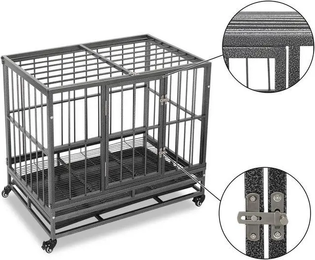 Alt view image 5 of 7 - Dog Crate Large Kennel Heavy Duty Pet Cage w/Wheels  Tray Black Portable Large