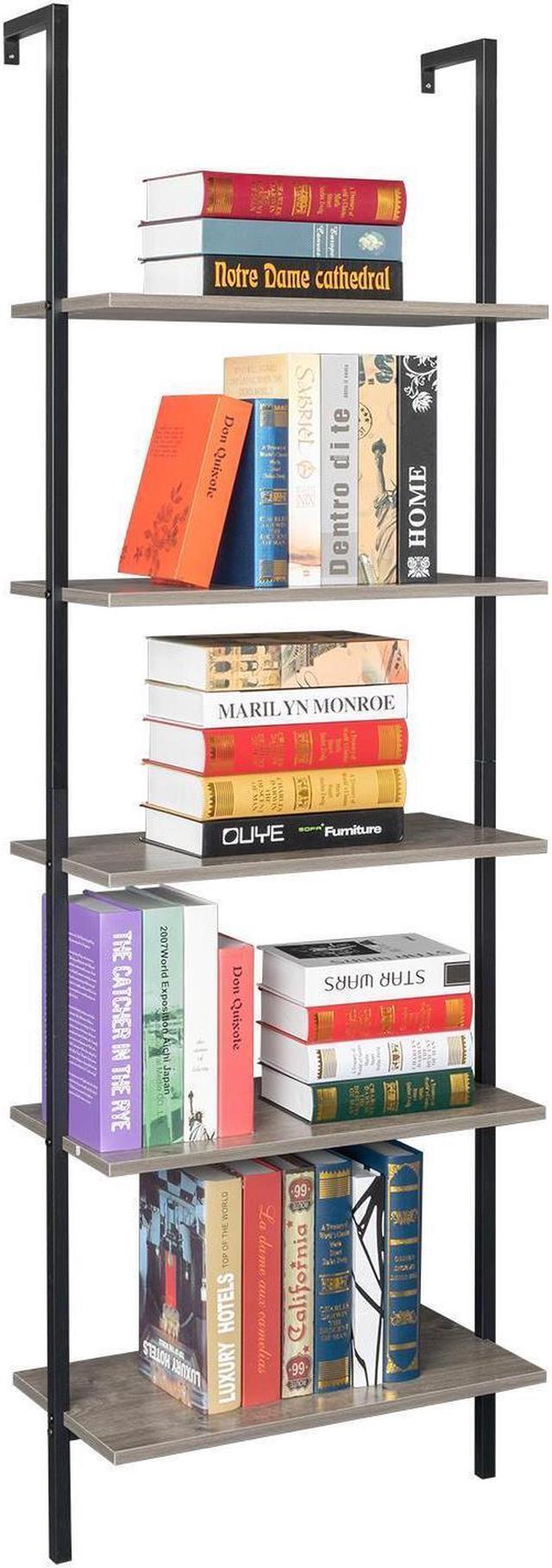 Alt view image 3 of 7 - Wall Mountable Ladder Open Shelving 5 Tiers Bookcase Unit Organizer Holders