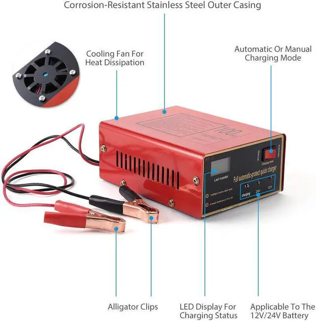Alt view image 4 of 7 - Maintenance-free Battery Charger 12V/24V For Electric Car Scooter SUV Lawn Mower