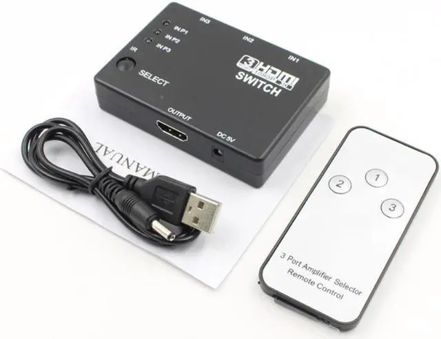 Main image of 3 Ports 1080P Video HDMI-Compatible Switch Splitter Hub Supports 3D for HDTV PS3 DVD/With IR Remote Controller/IR Receiver Cable