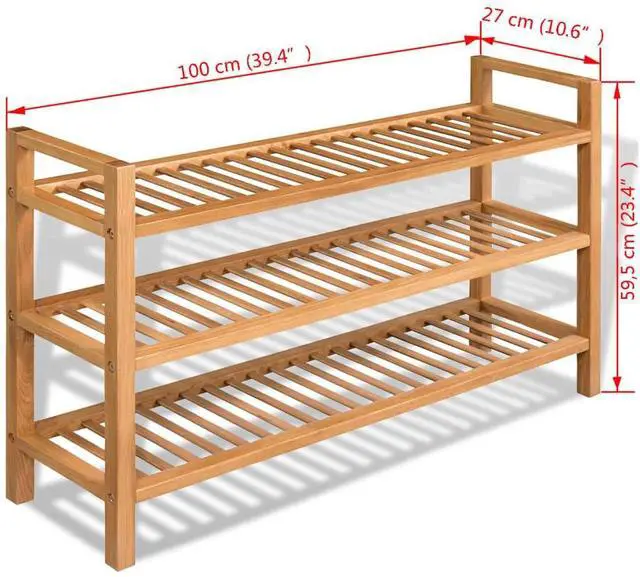 Alt view image 10 of 18 - vidaXL Solid Oak Wood Shoe Rack with 3 Shelves 23.6" Hallway Footwear Storage
