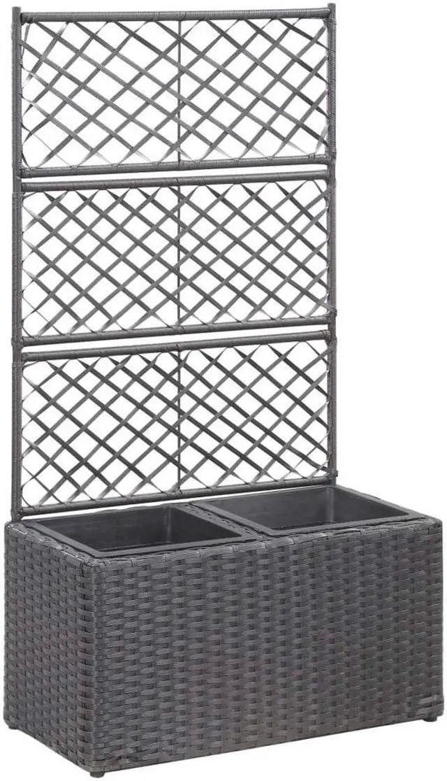 Alt view image 12 of 18 - vidaXL Trellis Raised Bed with 2 Pots Poly Rattan Black Planter Growing Box