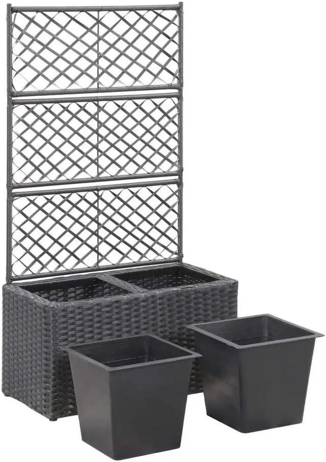 Alt view image 14 of 18 - vidaXL Trellis Raised Bed with 2 Pots Poly Rattan Black Planter Growing Box