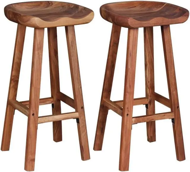 Alt view image 11 of 19 - vidaXL 2x Bar Stool Solid Acacia Wood Kitchen Counter Pub Chair Seat Furniture