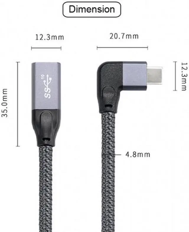 Alt view image 4 of 6 - FVH Left Right Angled USB-C USB 3.1 Type C Male to Female Extension Data Cable with Sleeve for Laptop UC-238-RI