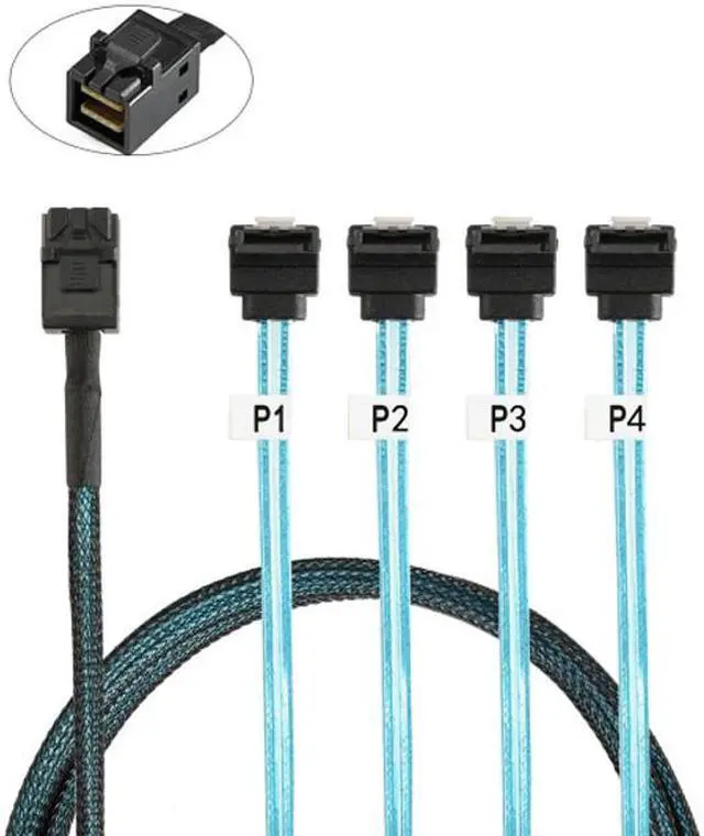 Alt view image 2 of 6 - FVH Internal Mini SAS SFF-8643 Host to Angled 4 SATA Target Hard Disk 6Gbps Data Server Raid Cable 1m SF-064-1.0M