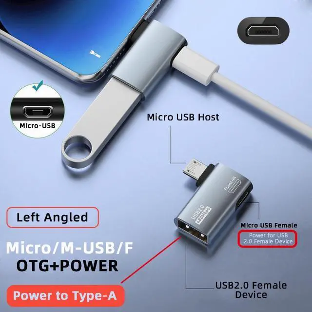 Alt view image 3 of 7 - Chenyang Micro USB 2.0 to Type-A Female OTG Host Adapter 90 Degree Left Angled with USB Power for Phone Tablet