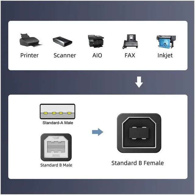 Alt view image 5 of 6 - Jimier 2pcs/lot USB 2.0 B Type Female to Type-A & Type-B Male Extension Adapter for Printer Scanner Disk