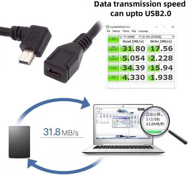 Alt view image 2 of 7 - CY 90 Degree Left Angled Mini USB 5Pin Male to Female Extension Cable 30cm for GPS Camera