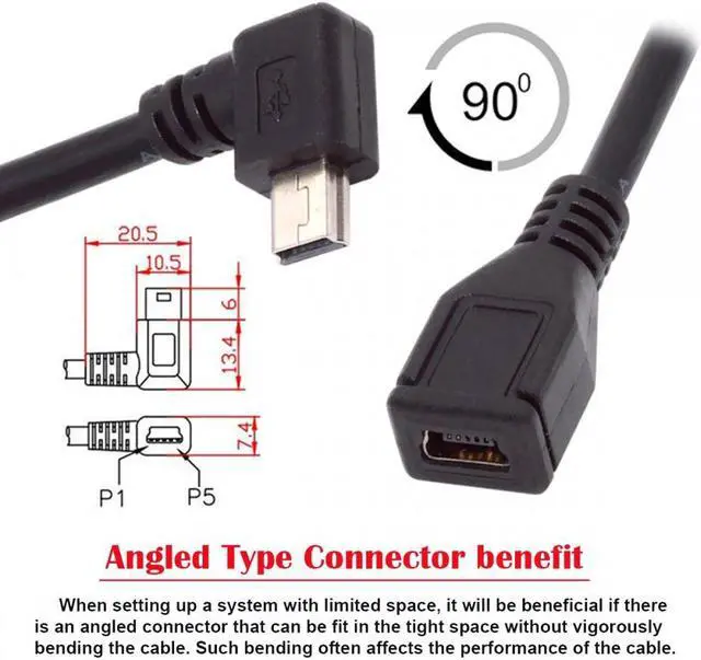 Alt view image 4 of 7 - CY 90 Degree Left Angled Mini USB 5Pin Male to Female Extension Cable 30cm for GPS Camera