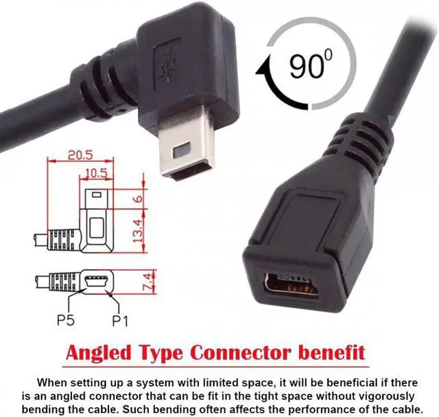 Alt view image 4 of 7 - Xiwai 90 Degree Right Angled Mini USB 5Pin Male to Female Extension Cable 30cm for GPS Camera