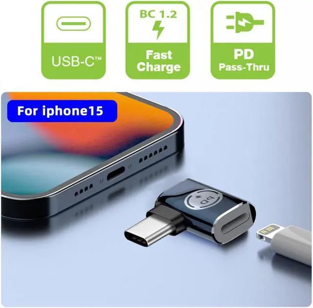 Alt view image 7 of 7 - Jimier USB-C Type C Male to 8P Female 27W Power 480Mbps Data Adapter Left Right Angled Compatible with iPhone 15 & Android & Tablet