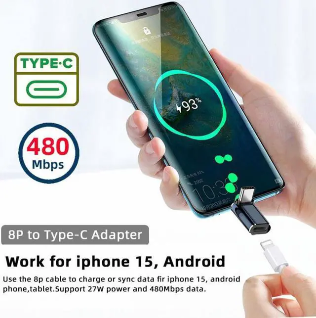 Alt view image 6 of 6 - Jimier USB-C Type C Male to 8P Female 27W Power 480Mbps Data Adapter Up Down Angled Compatible with iPhone 15 & Android & Tablet