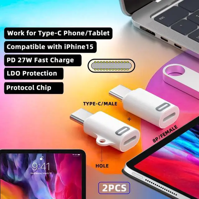 Alt view image 3 of 7 - Jimier 2pcs/set USB-C Type C Male to 8P Female 27W Power 480Mbps Data Adapter Compatible with iPhone 15 & Android & Tablet