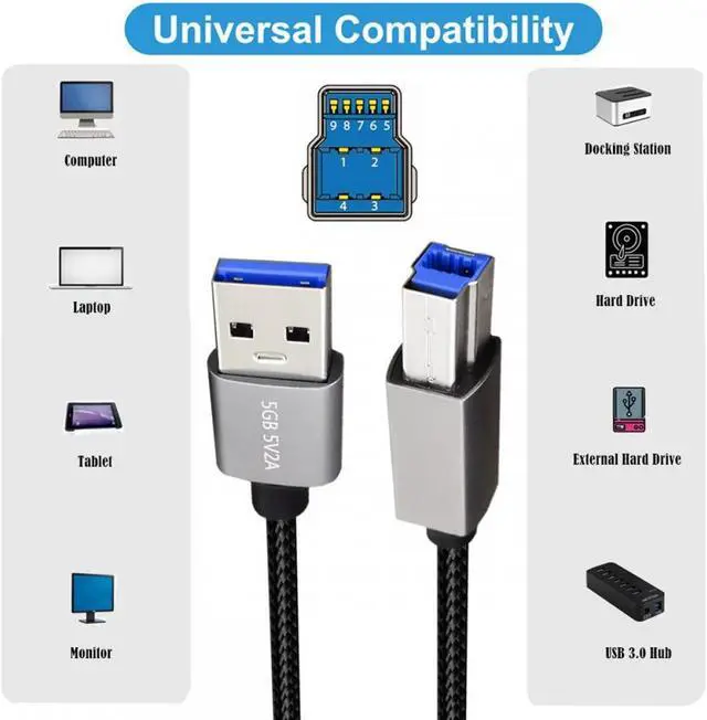 Alt view image 5 of 7 - Jimier USB 3.0 Type-A Male to Standard 3.0 B Male Cable Silver 5Gbps for Disk SSD Camera Data 30cm