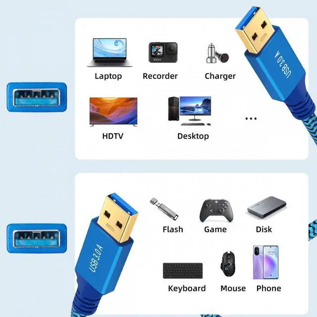 Alt view image 7 of 7 - Jimier 0.3M USB 3.0 Type-A Male to USB3.0 A Male Cable Extension Blue Sleeve 5Gbps for Disk SSD Camera Data