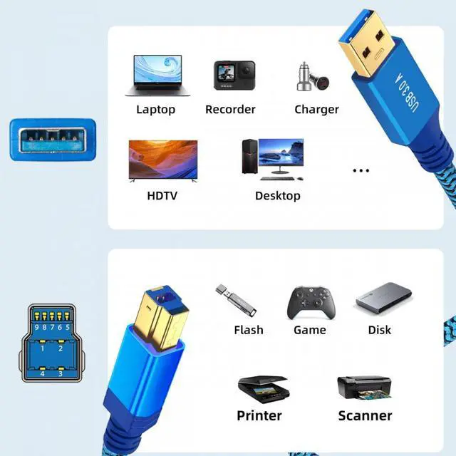 Alt view image 7 of 7 - Jimier 0.6M USB 3.0 Type-A Male to USB3.0 Type-B Male Cable Extension Blue 5Gbps for Disk SSD Camera Data