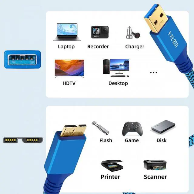Alt view image 7 of 7 - Jimier 0.6M USB 3.0 Type-A Male to USB3.0 Micro-B Male Cable Extension Blue Sleeve 5Gbps for Disk SSD Camera Data