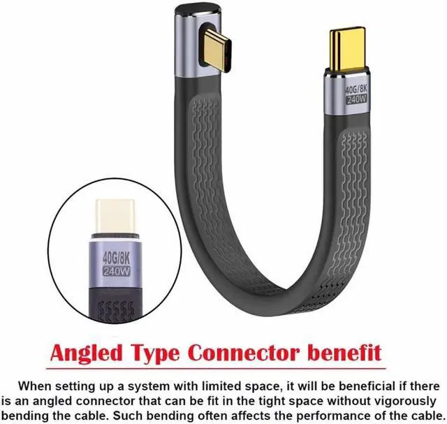 Alt view image 2 of 7 - Jimier Low Profile Angled 240W Type-C USB-C Male to Male USB4 40Gbps 100W 8K Flat Slim FPC Data Cable for Laptop Phone 13cm