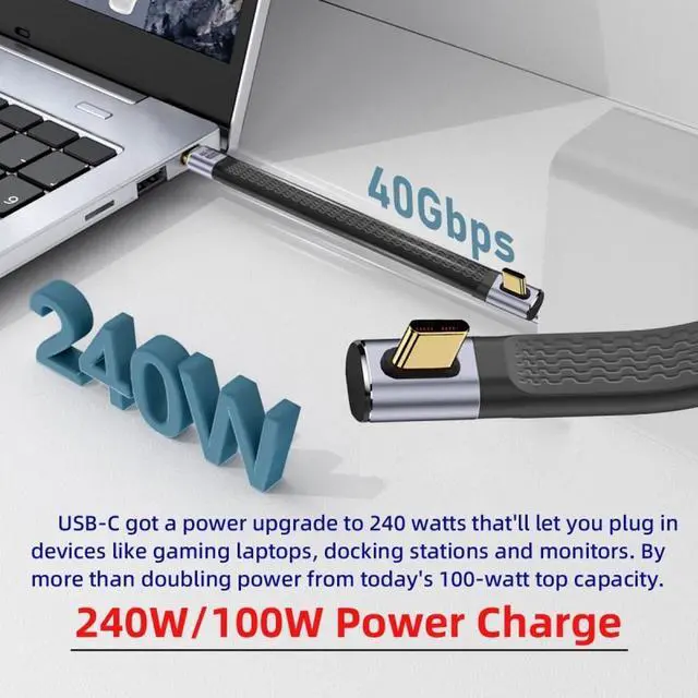 Alt view image 4 of 7 - Jimier Low Profile Angled 240W Type-C USB-C Male to Male USB4 40Gbps 100W 8K Flat Slim FPC Data Cable for Laptop Phone 13cm