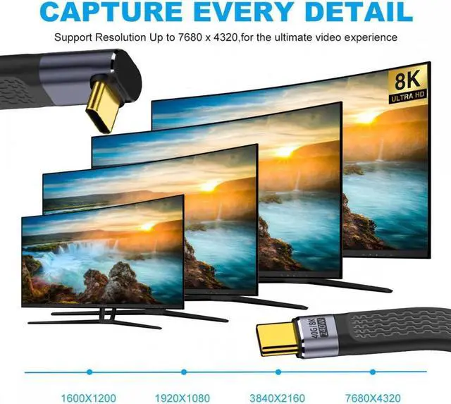 Alt view image 3 of 7 - FVH Up Angled 240W Type-C USB-C Male to Male USB4 40Gbps 100W 8K Flat Slim FPC Data Cable for Laptop Phone 13cm