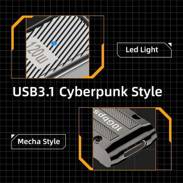 Alt view image 4 of 7 - CY USB-C USB 3.1 Type C Female to USB 3.0 Type-A Male 90 Degree Right Angled Flat Type 10Gbps Data 120W Power Adapter Mecha Cyberpunk Style