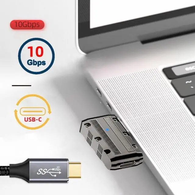 Alt view image 7 of 7 - Cablecc USB-C USB 3.1 Type C Female to USB 3.0 Type-A Male 90 Degree Left Angled Flat Type 10Gbps Data 120W Power Adapter Mecha Cyberpunk Style