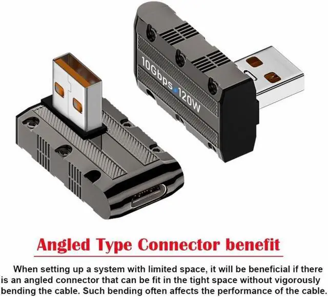 Alt view image 5 of 7 - CY USB-C USB 3.1 Type C Female to USB 3.0 Type-A Male 90 Degree Left Angled Low Profile Type 10Gbps Data 120W Power Adapter Mecha Cyberpunk Style
