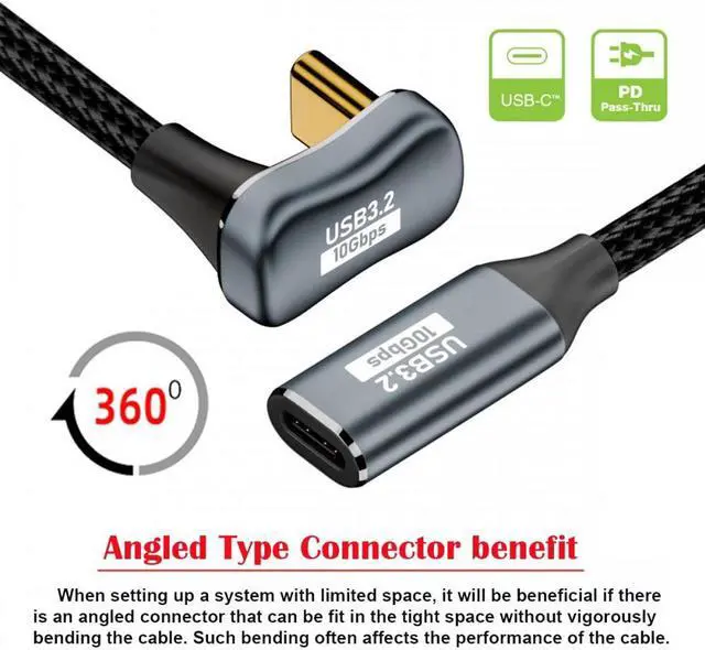 Alt view image 4 of 7 - Jimier 1.0M Opposite U Shape Back Angled USB-C USB 3.1 Type C Male to Female Extension Data Cable 10Gbps 100W with Sleeve