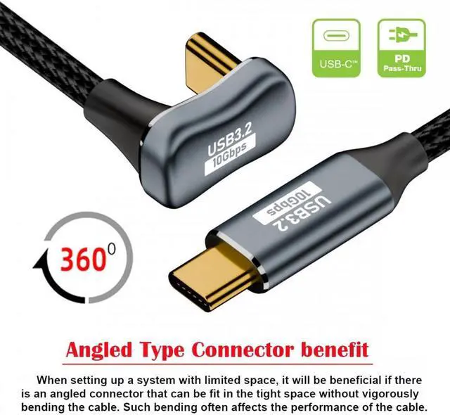 Alt view image 4 of 7 - Jimier 3.0M Opposite U Shape Back Angled USB-C USB 3.1 Type C Male to Male Extension Data Cable 10Gbps 100W with Sleeve