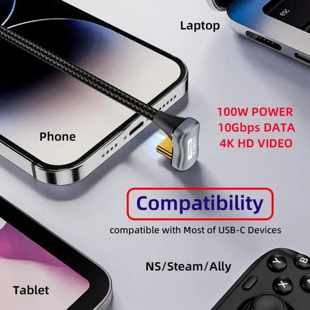 Alt view image 2 of 7 - Jimier 3.0M Opposite U Shape Back Angled USB-C USB 3.1 Type C Male to Male Extension Data Cable 10Gbps 100W with Sleeve