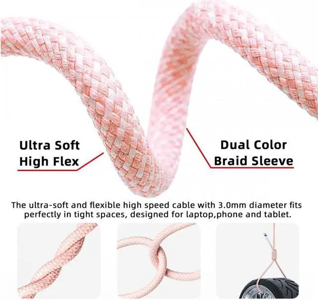 Alt view image 6 of 7 - Jimier 1.0M USB-C Type C Male to Male PD 27W 65W Power 480Mbps Data Cable Pink Sleeve  for Phone & Tablet & Laptop