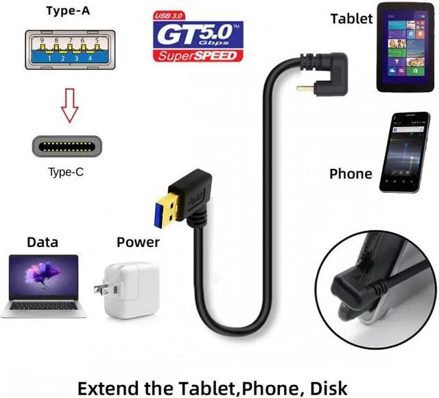 Alt view image 7 of 7 - Chenyang Left Angled USB3.0 Type-A to Type C USB-C Male to Male Power Data Cable 5Gbps USB-C Opposite U Shape Back Angled