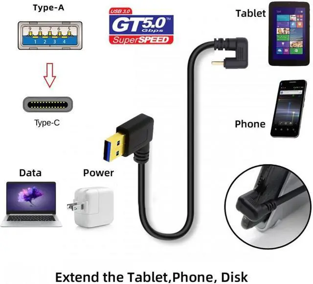 Alt view image 7 of 7 - Jimier Right Angled USB3.0 Type-A to Type C USB-C Male to Male Power Data Cable 5Gbps USB-C Opposite U Shape Back Angled