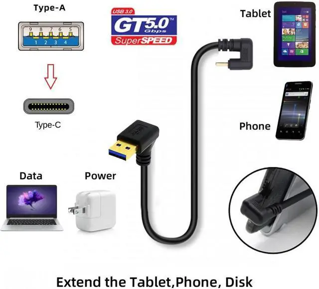 Alt view image 7 of 7 - Xiwai Up Angled USB3.0 Type-A to Type C USB-C Male to Male Power Data Cable 5Gbps USB-C Opposite U Shape Back Angled