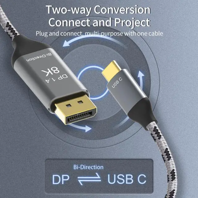 Alt view image 7 of 7 - CY Reversible DisplayPort DP Source to USB 3.1 Type C USB-C Displays Male 8K HDTV Cable for Laptop Monitor 1.8m
