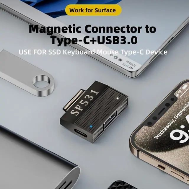 Alt view image 2 of 7 - CY Magnetic to USB3.1 Type-A & 15V Type-C USB-C Data Charge Adapter SF531 for Surface Pro9 Pro8 Pro7 Pro6 Pro X Go Book